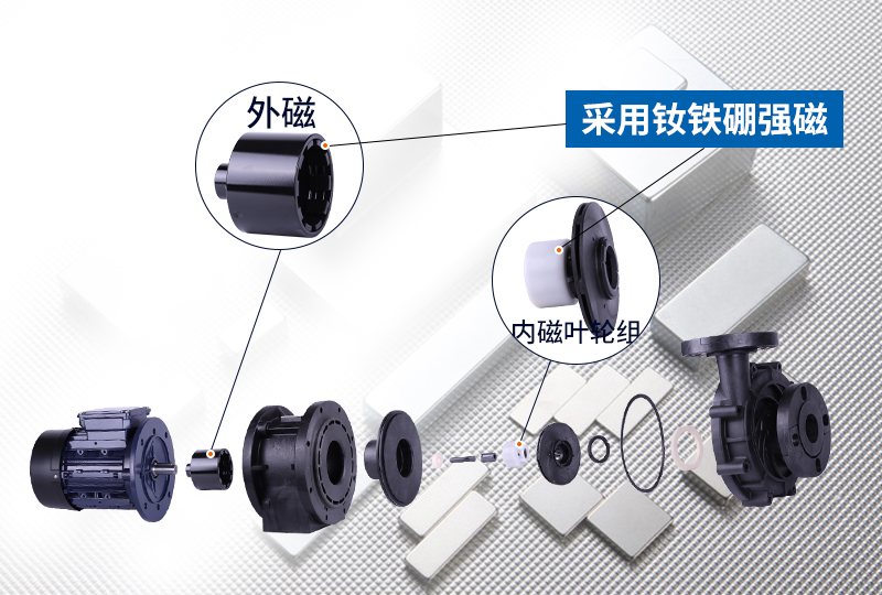 創(chuàng)升氟塑料磁力泵采用釹鐵硼高效強(qiáng)磁鐵不消磁