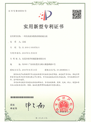 創(chuàng)升泵業(yè)-一種具有流體散熱結(jié)構(gòu)的磁力泵專利證書